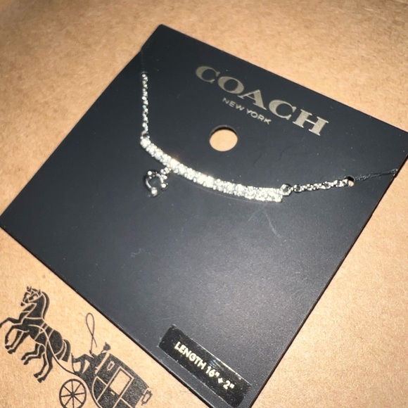 NWT Coach Silver Pave Bar Necklace Crystal Smile C Logo Charm 91431 Gift Bag - Picture 5 of 6